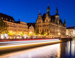 Obraz premium Historic city buildings illuminated at night, with light trails on water