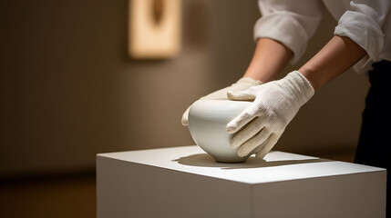 Obraz premium Pair of hands in white gloves carefully place a delicate ceramic vase on a white pedestal in a dimly lit art gallery or museum setting