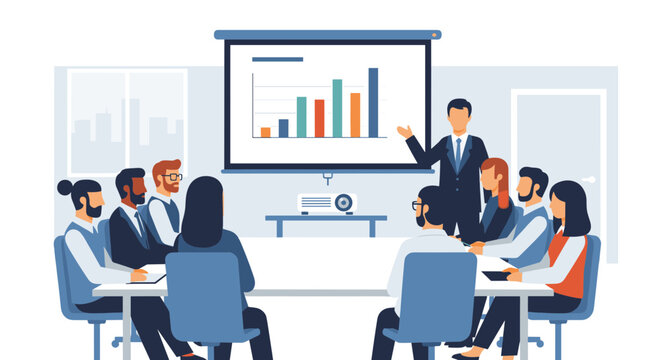 A business professional presents a colorful bar graph to colleagues in a meeting