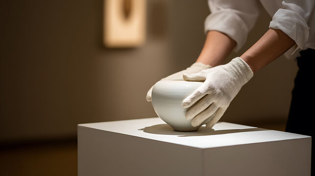 Pair of hands in white gloves carefully place a delicate ceramic vase on a white pedestal in a dimly lit art gallery or museum setting