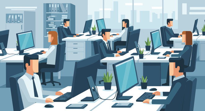 A group of business professionals working at their desks in an office