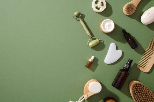 Eco-friendly zero waste beauty products on green surface