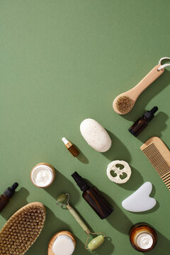 Eco-friendly zero waste cosmetics on green background