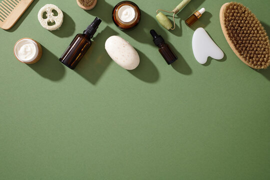 Zero waste natural cosmetics on green background