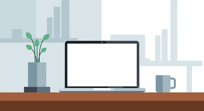 A minimalist vector graphic of a laptop on a desk in an office setting