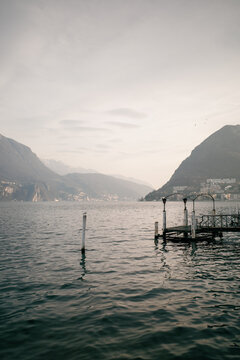 Scenic lakeside view with mountains in the background