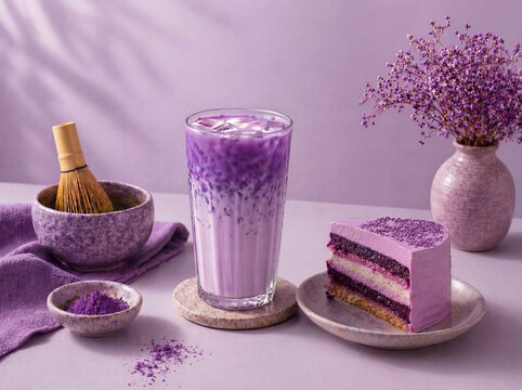 Ube latte with gourmet purple cake dessert in stylish coffee shop setting, trendy cafe menu concept featuring indulgent sweet pairing, vibrant purple beverage made from purple yam