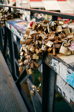 Love locks on a European bridge railing