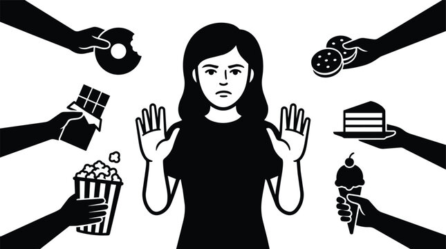 Black and white vector woman raising hands refusing snacks from multiple hands