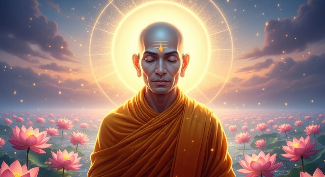 Buddhist monk in orange robes standing in a field of pink lotus flowers with a halo