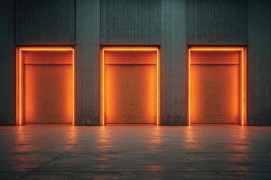 Three industrial warehouse doors illuminated by vibrant orange neon lights glowing against a concrete wall inside a spacious empty building at night