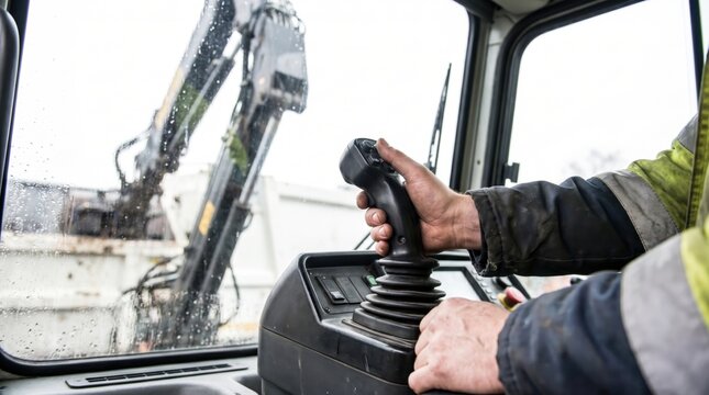 Operator hand gripping a black joystick control lever inside a heavy construction excavator cabin