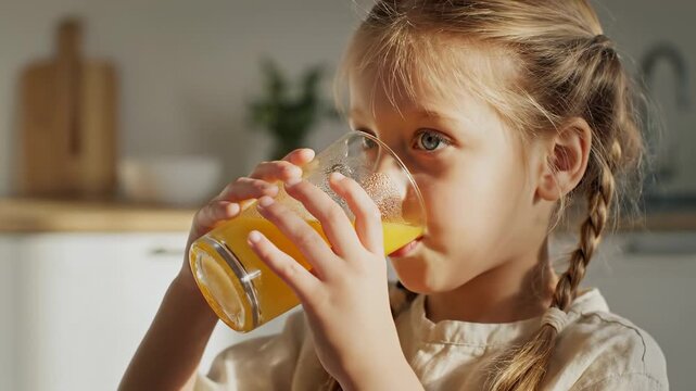 This shows a young girl savoring a glass of orange juice in a modern kitchen. She is holding the glass with both hands and has a look of delight on her face. The kitchen background is blurred, but it