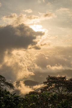 Golden sunrise over cloud forest mountains in Costa Rica