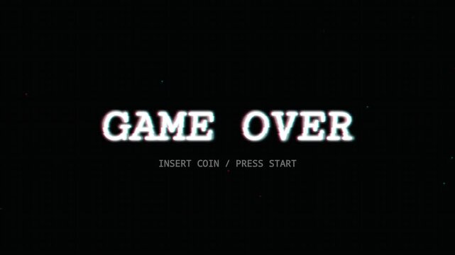 A Game Over screen with text 'GAME OVER' and 'INSERT COIN / PRESS START' on a black background appears