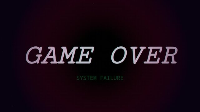 Game over screen with system failure message on a dark background, indicating video game failure.
