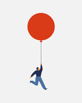 anxious man clings to floating balloon with all his might. Uncertainty about the future, financial dependence, risk decision-making, business instability. vector illustration