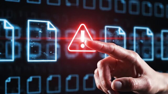 This shows a hand touching a glowing warning sign on a futuristic error screen with folders in the background, illustrating technical difficulties and the need for troubleshooting and support.
