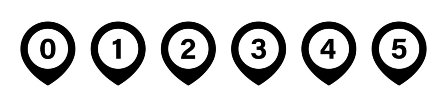 Location pin icon with number set 0 to 5. Map marker symbol set. Flat vector illustrations. Number in circles