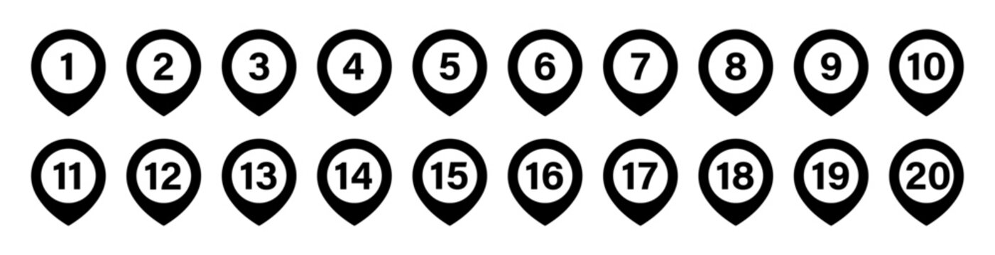 Location pin icons with number 1 to 20, Map marker bullet point collection, Distance navigation pointer flat vector elements