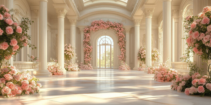 Luxury palace interior with floral wedding arch of pink roses, elegant romantic hall, classic architecture, bridal ceremony background with ornate decor