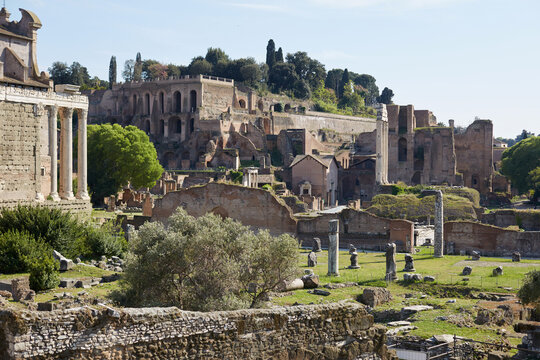 Ancient Roman Forum ruins and temples in Rome, Italy