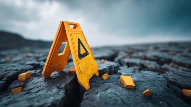 Bright Yellow Caution Sign on Rocky Terrain Warning of Uneven Ground