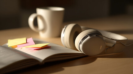 Naklejka premium Cozy Study Scene: Open Book with Colorful Sticky Notes, Headphones, and Coffee Mug on a Wooden Desk Bathed in Golden Sunlight