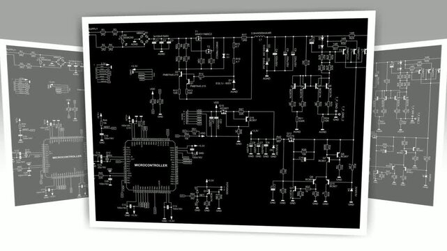 Video animation with electrical schematic diagram of electronic device with power unit. Connection of peripheral devices to microcontroller. Animated motion effect, screensaver. Computer tech design.