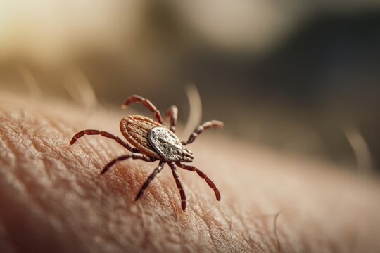 A detailed macro view of a hard-bodied tick crawling on human skin with a blurred background showing natural outdoor lighting and skin texture