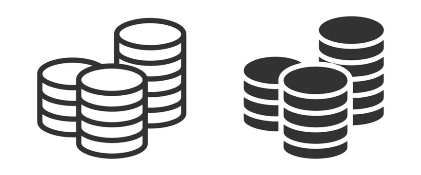 stacked coin icon set, outline and solid style, finance and currency symbols on transparent background