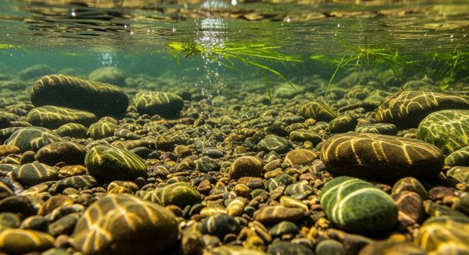 Underwater View of River Rocks and Sunlight