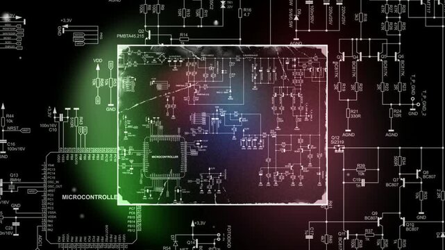 Video animation with electrical schematic diagram of electronic device with power unit. Connection of peripheral devices to microcontroller. Animated motion effect, screensaver. Computer tech design.