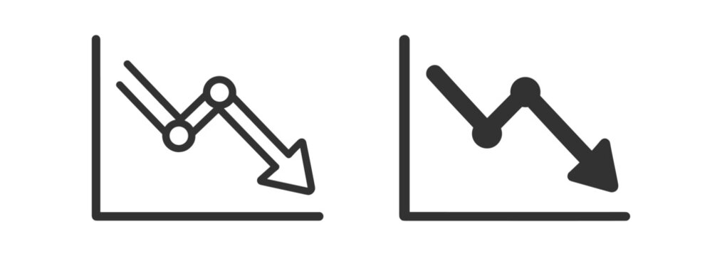 declining line charts icons with downward arrows for business statistics on transparent background