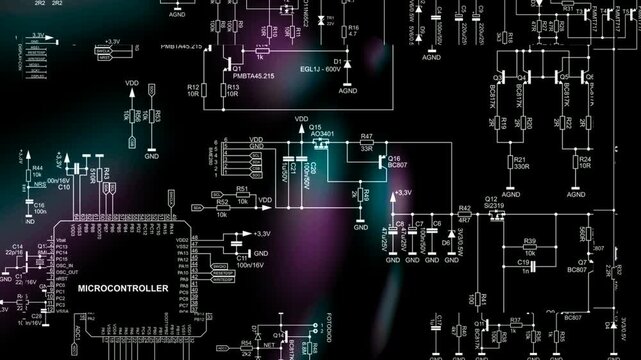 Video animation with electrical schematic diagram of electronic device with power unit. Connection of peripheral devices to microcontroller. Animated motion effect, screensaver. Computer tech design.