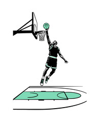 Minimalist Illustration of a Basketball Player Performing a Slam Dunk © codeblend