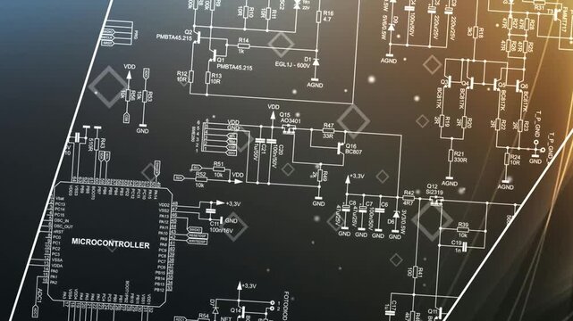 Video animation with electrical schematic diagram of electronic device with power unit. Connection of peripheral devices to microcontroller. Animated motion effect, screensaver. Computer tech design.
