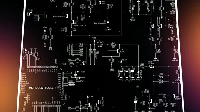 Video animation with electrical schematic diagram of electronic device with power unit. Connection of peripheral devices to microcontroller. Animated motion effect, screensaver. Computer tech design.