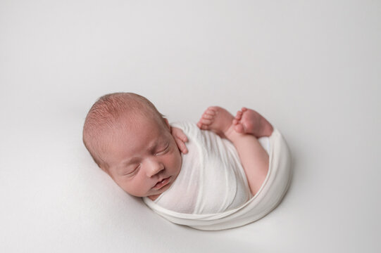Peaceful sleeping newborn baby wrapped in soft white blanket
