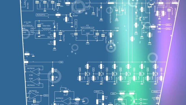 Video animation with schematic diagram of 
electronic device. Drawing electrical circuit 
with resistor, transistor, diode, coil, 
operational amplifier, logic element.
Animated effect, screensaver.