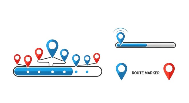 Navigation route map markers and progress bar illustration