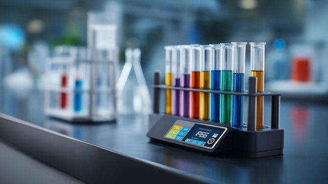 Clean modern laboratory countertop featuring colorful test tubes and a digital temperature and pH display showcasing a sterile and advanced medical research facility. Defocused