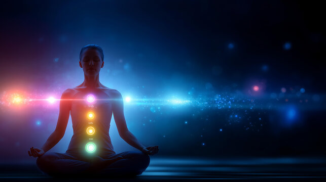 Faceless person meditating in a yoga pose with seven glowing chakra points on their body surrounded by vibrant energy patterns against a vast universe background. Chakra