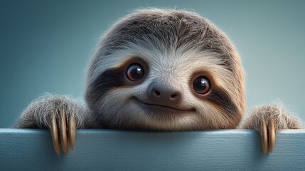 Fototapeta premium Cute Sloth Peeking Over a Horizontal Ledge with Gentle Claws and Smile