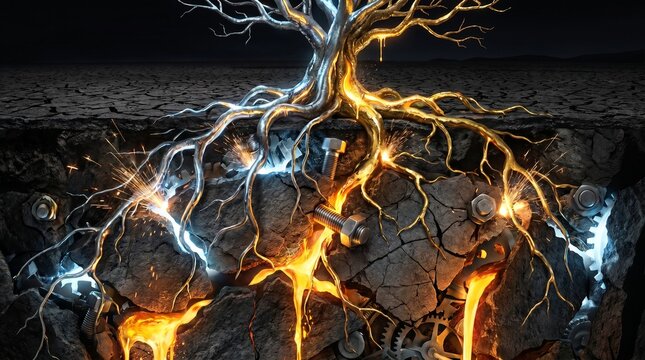 Glowing titanium and gold roots bolting cracked tectonic plates together underground, a metaphor for foundational support and loyal relationships.