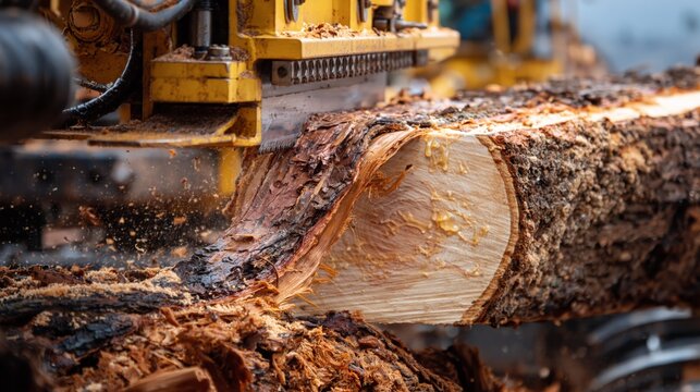 A logging timber yard freshly felled log processing.