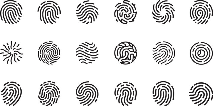 Collection of black fingerprint patterns in various shapes including a heart and stars on a white background