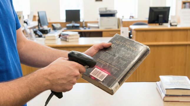 Librarian scanning the barcode of a hardcover book using a handheld red laser scanner at a desk
