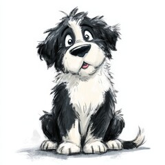 Fototapeta premium Cute black and white puppy sits on white background. Puppy looks cheerful with wide, friendly eyes. Its ears are fluffy and slightly askew. Small tongue peeks out, adding charm