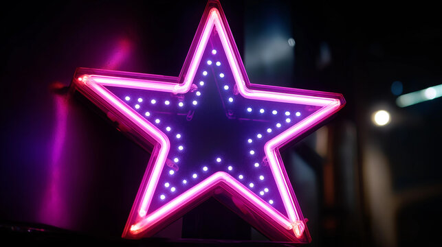 Glowing neon sign in pink and purple colors with a decorative star pattern for a night entertainment and retro concept. Neon sign pink purple, star pattern, night retro,